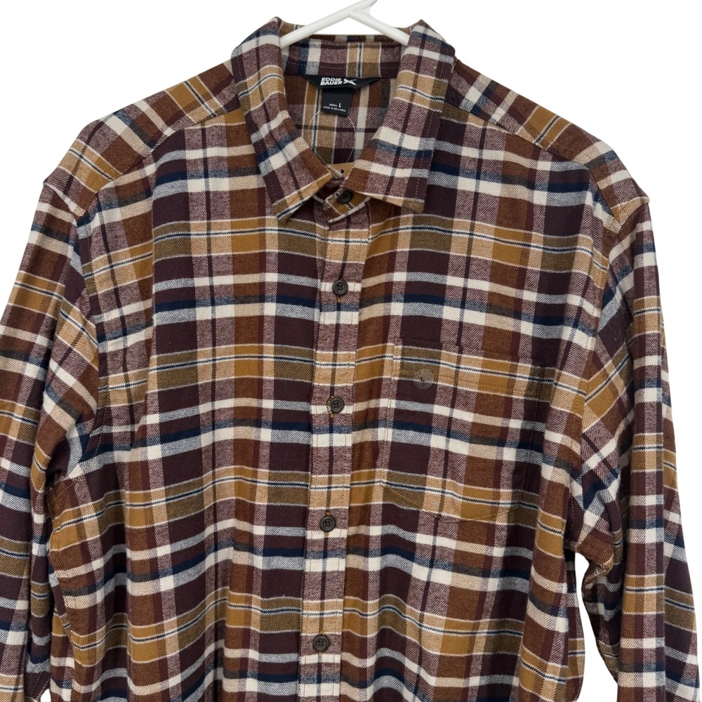 Eddie Bauer Field Flannel Flex Concord Shirt Men L Brown Plaid NEW Western